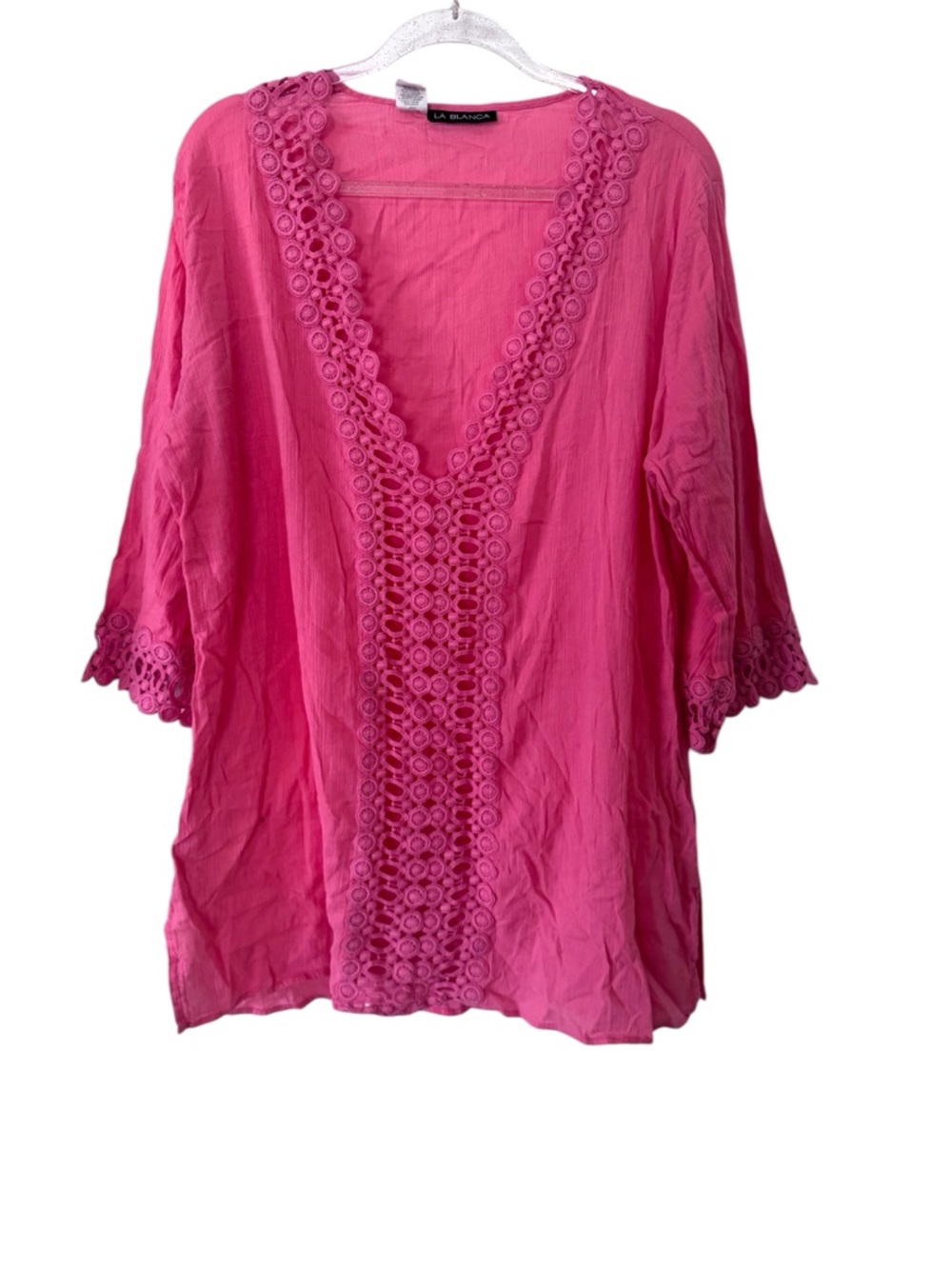 La Blanca Coral Pink Swimsuit Cover Up Tunic Top with Crochet Lace Trim Size XL